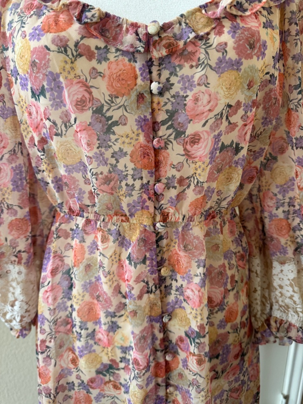 For Love & Lemons Floral Lace Trim Mini Robe/dress Size M Cottagecore Romantic - Picture 9 of 9